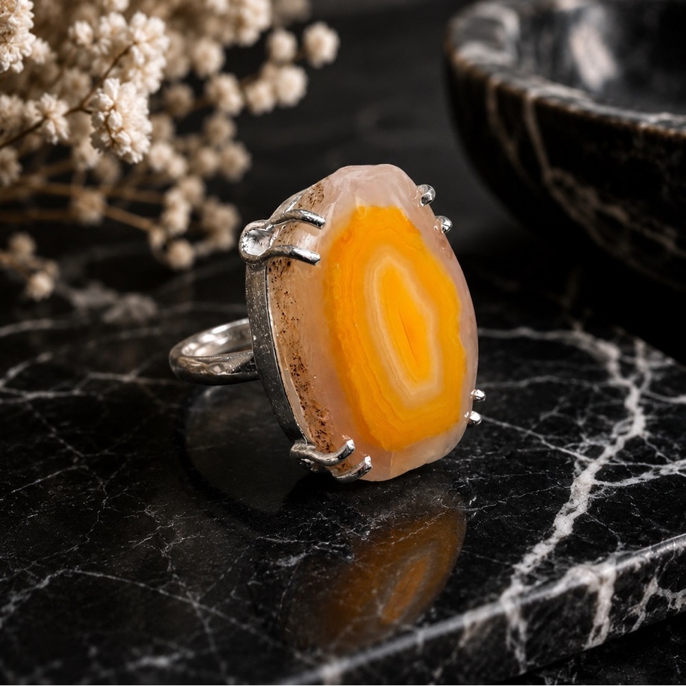 Artisan Jewelry Ring Orange Orca Agate Slice Art to Wear Hand Crafted RUBYRUDI